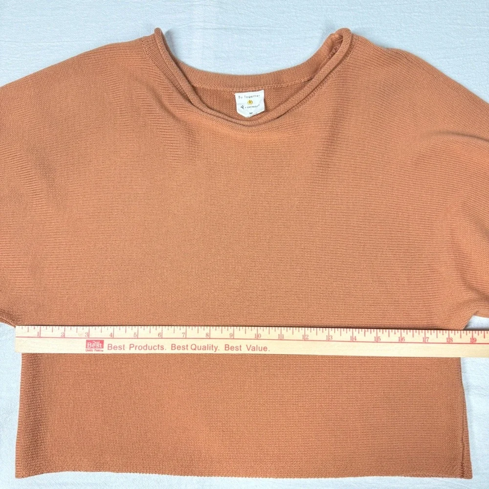 By Together Womens M Rust Brown Cropped Sweater Balloon Sleeve Cotton Knit Boho